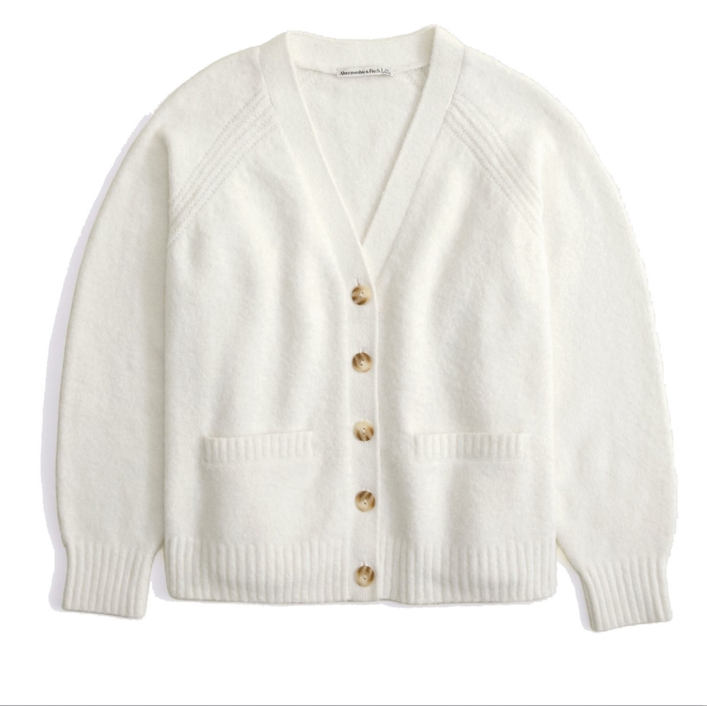 Abercrombie & Fitch Dad V-Neck Cardigan Sweater in Cream / White